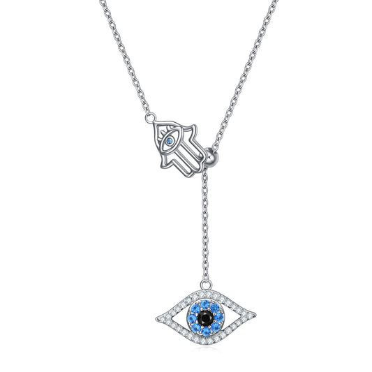 925 Sterling Silver Hamsa Hand Of Fatima With Evil Eye Lariat Necklace