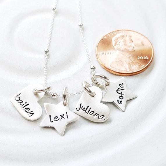 925 Sterling Silver Heart Stars Engraved Name Necklace Nameplate Necklace - onlyone