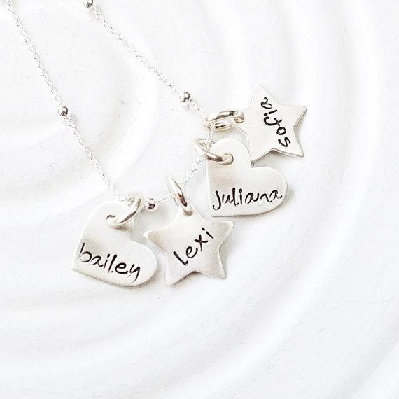 925 Sterling Silver Heart Stars Engraved Name Necklace Nameplate Necklace - onlyone