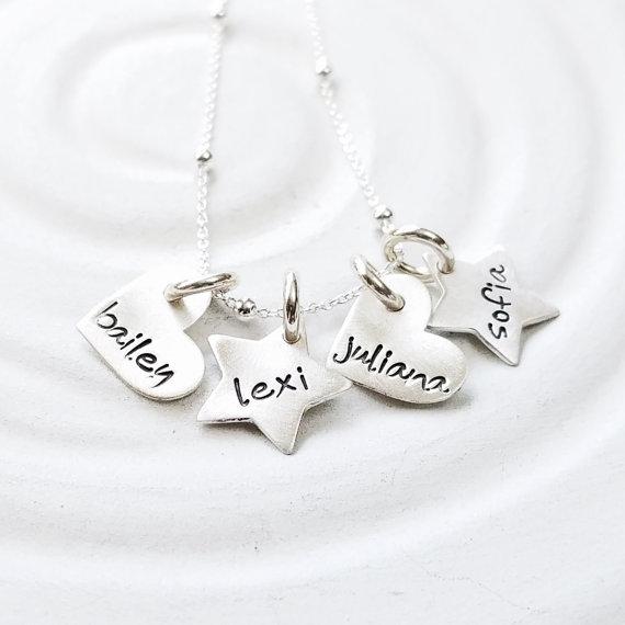 925 Sterling Silver Heart Stars Engraved Name Necklace Nameplate Necklace - onlyone