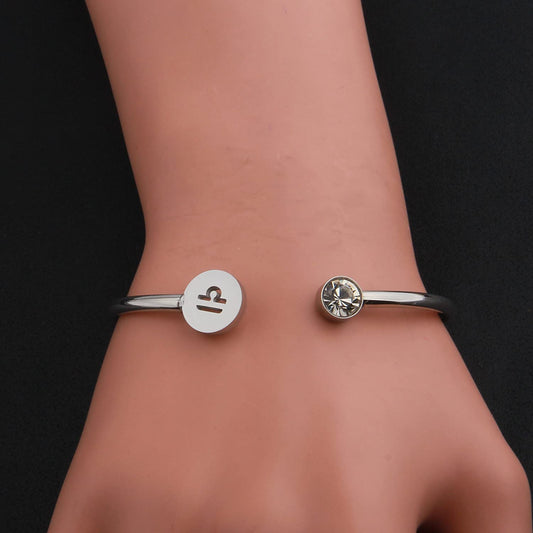 925 Sterling Silver Simple Zodiac Sign Cuff Bracelet with Birthstone