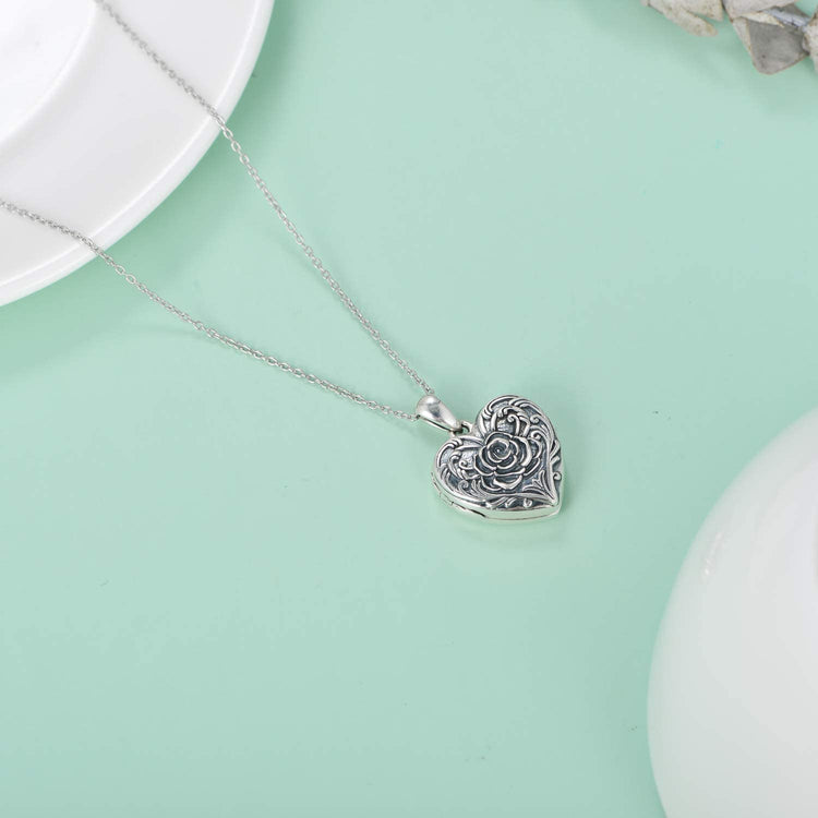 925 Sterling Silver Cameo Rose Flower Heart Photo Locket Necklace