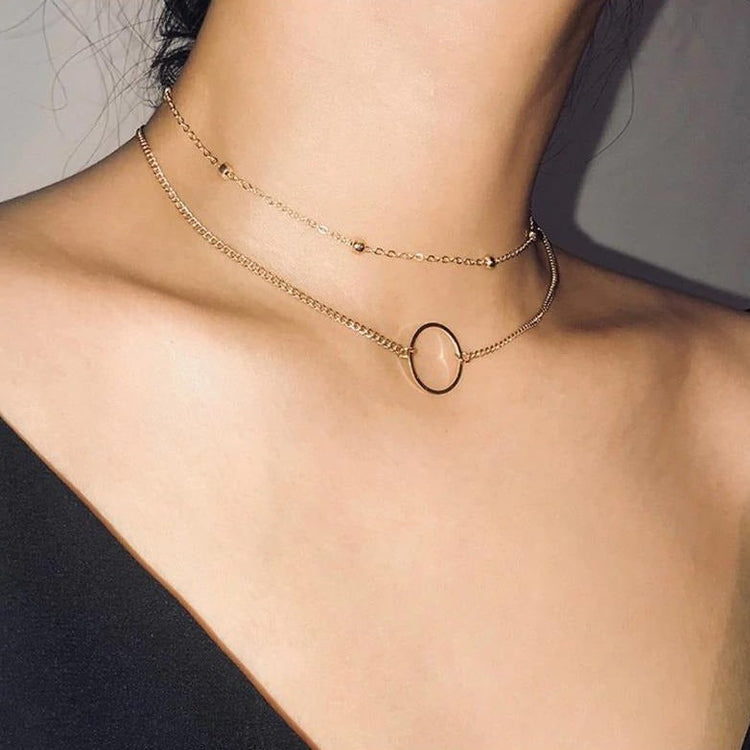 925 Sterling Silver Two Layer Round Necklace, Double Layer Choker