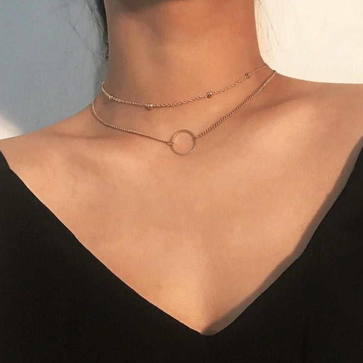 925 Sterling Silver Two Layer Round Necklace, Double Layer Choker