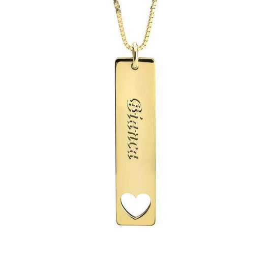 925 Sterling Silver Engraved Vertical Bar Name Necklace Heart Nameplate Necklace - onlyone