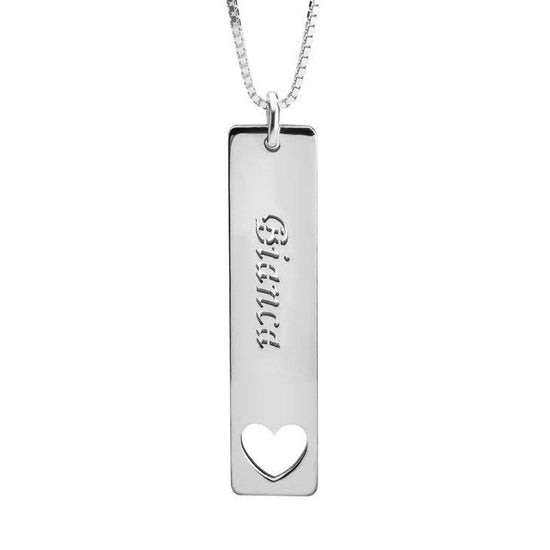 925 Sterling Silver Engraved Vertical Bar Name Necklace Heart Nameplate Necklace - onlyone