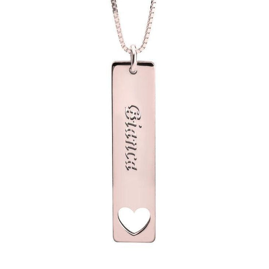 925 Sterling Silver Engraved Vertical Bar Name Necklace Heart Nameplate Necklace - onlyone