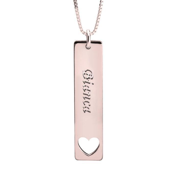 925 Sterling Silver Engraved Vertical Bar Name Necklace Heart Nameplate Necklace - onlyone