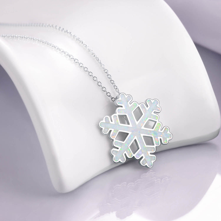 925 Sterling Silver Opal Snowflake Pendant Necklace Christmas Gift - onlyone