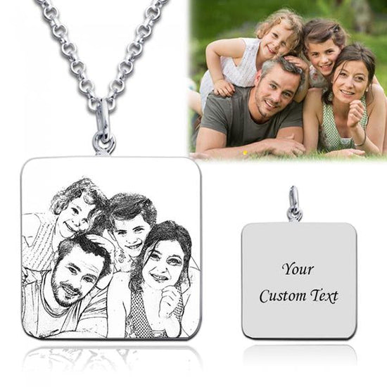 925 Sterling Silver Square Engraved Photo Necklace - onlyone