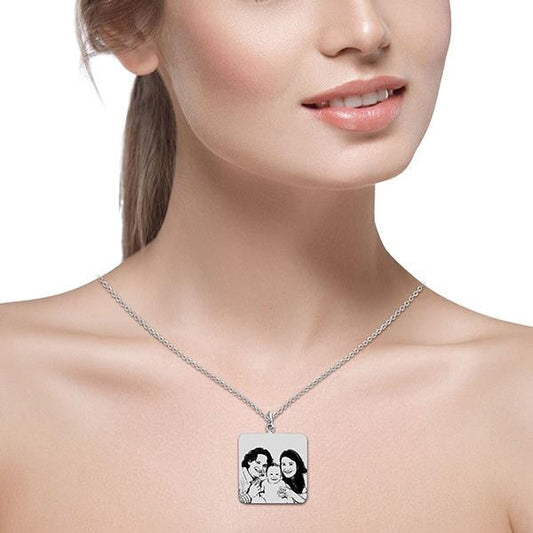 925 Sterling Silver Square Engraved Photo Necklace - onlyone