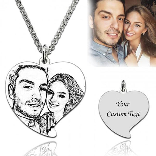 925 Sterling Silver Heart Engraved Photo Necklace, Memorial Gift - onlyone