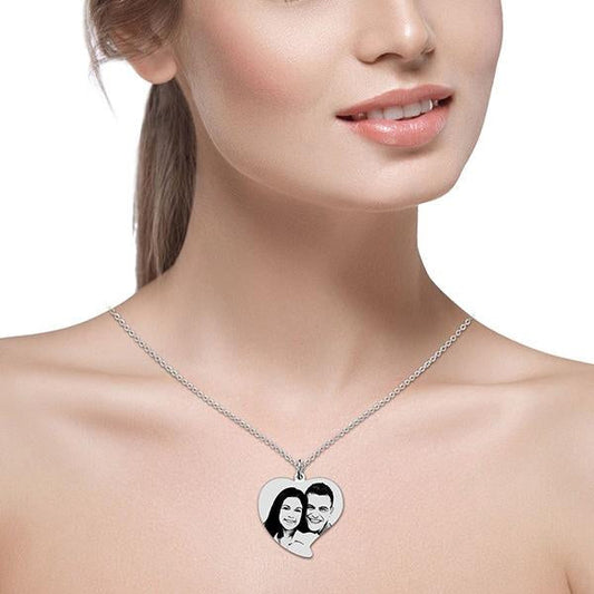 925 Sterling Silver Heart Engraved Photo Necklace, Memorial Gift - onlyone