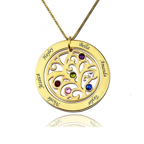 925 Sterling Silver Birthstone Family Tree Engraved Necklace Gift For Grandma - onlyone