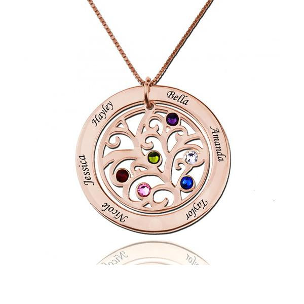 925 Sterling Silver Birthstone Family Tree Engraved Necklace Gift For Grandma - onlyone