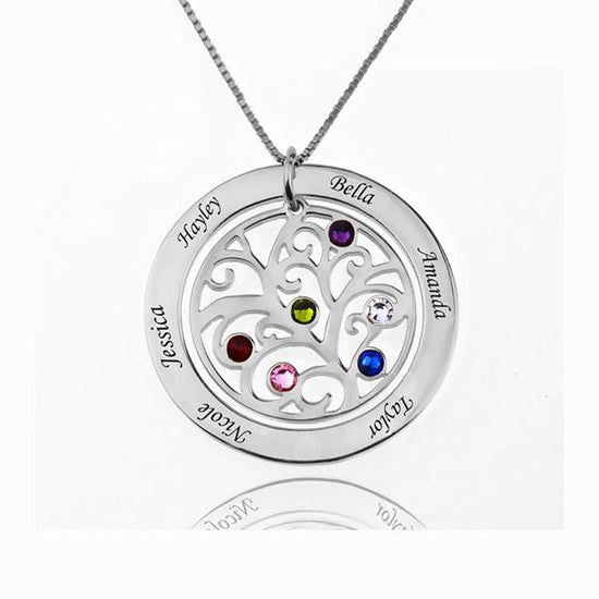 925 Sterling Silver Birthstone Family Tree Engraved Necklace Gift For Grandma - onlyone