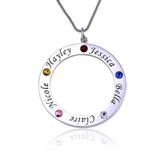 925 Sterling Silver Birthstone Engraved Circle Name Necklace Gift Nameplate Necklace - onlyone