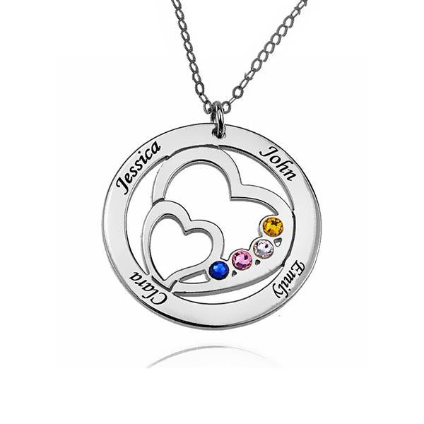 925 Sterling Silver Birthstone Engraved Circle Heart Name Necklace Gift Nameplate Necklace - onlyone