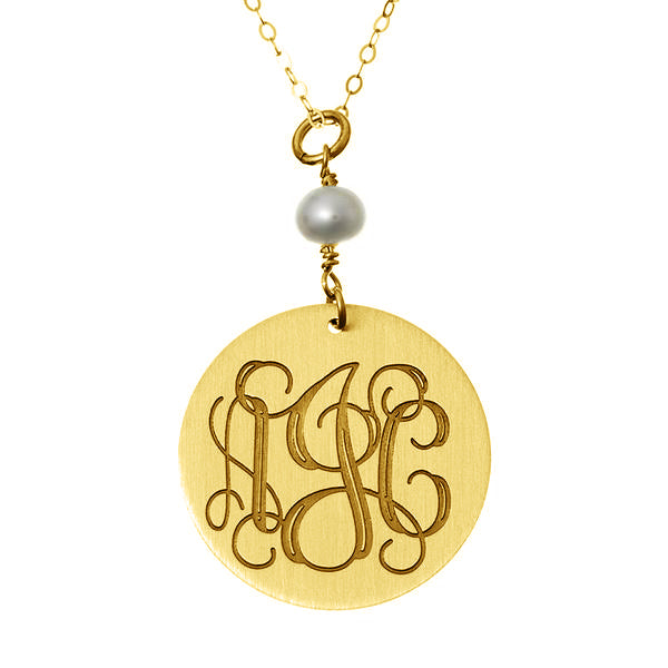 925 Sterling Silver Engraved Coin Monogram Necklace With Pearl - onlyone