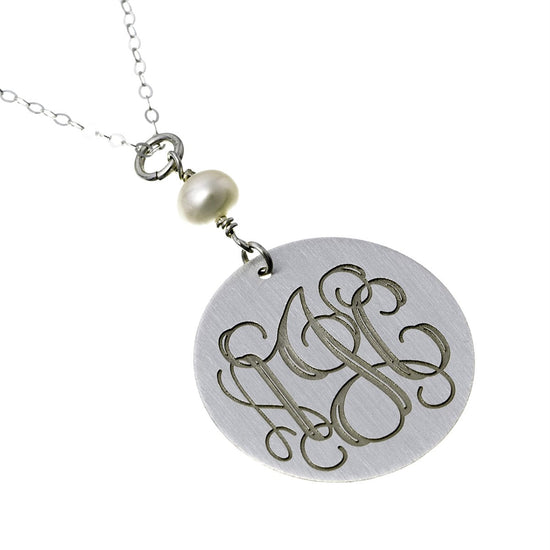 925 Sterling Silver Engraved Coin Monogram Necklace With Pearl - onlyone