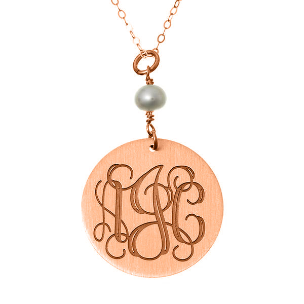 925 Sterling Silver Engraved Coin Monogram Necklace With Pearl - onlyone