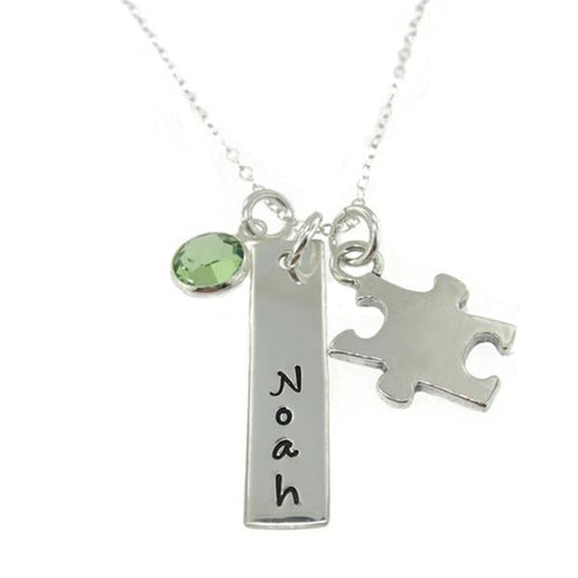 925 Sterling Silver Birthstone Vertical Puzzle Engraved Bar Name Necklace Nameplate Necklace - onlyone