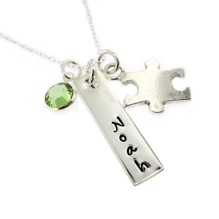 925 Sterling Silver Birthstone Vertical Puzzle Engraved Bar Name Necklace Nameplate Necklace - onlyone