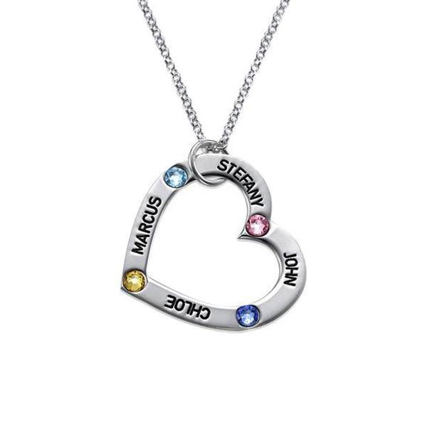 925 Sterling Silver 4 Birthstone Engraved Heart Personalised Name Necklace Gift Nameplate Necklace Custom Heart Family Necklace with Birthstone - onlyone