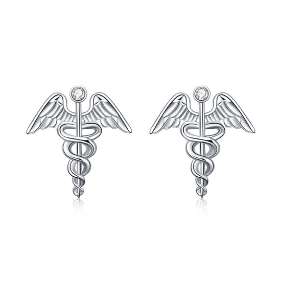 925 Sterling Silver Caduceus Angel Nurse Earrings Sterling Silver Medical Symbol Studs with Crystal - onlyone