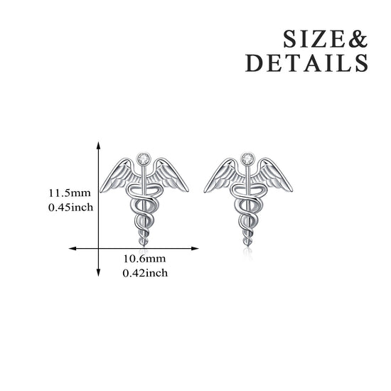 925 Sterling Silver Caduceus Angel Nurse Earrings Sterling Silver Medical Symbol Studs with Crystal - onlyone