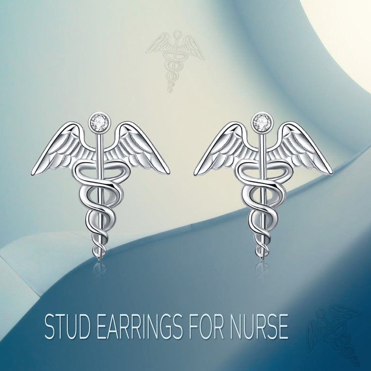 925 Sterling Silver Caduceus Angel Nurse Earrings Sterling Silver Medical Symbol Studs with Crystal - onlyone