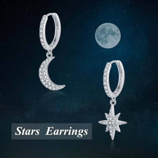 925 sterling silver moon and stars fashion earrings - onlyone