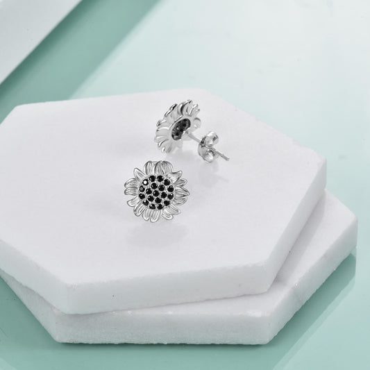 925 Sterling Silver Sunflower Stud Earrings With Zirconia Seed - onlyone