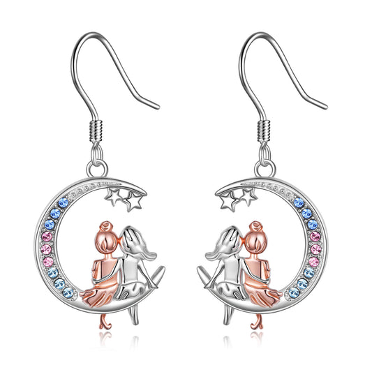 Boucles d'oreilles en argent sterling 925 avec cristal Dangle Sister avec cristal