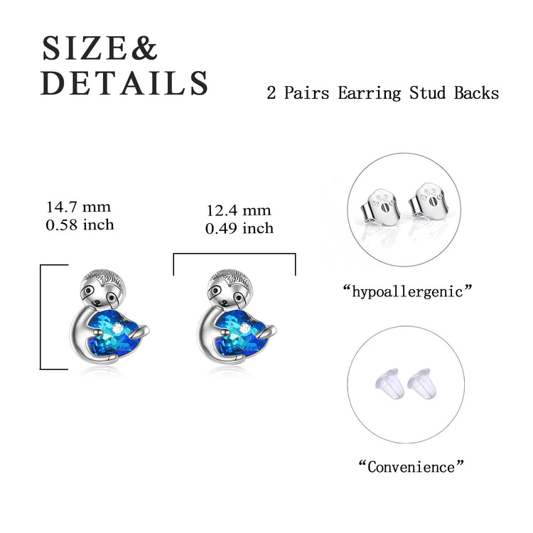 925 Sterling Silver Cute Sloth Holds Heart Crystal Stud Earrings