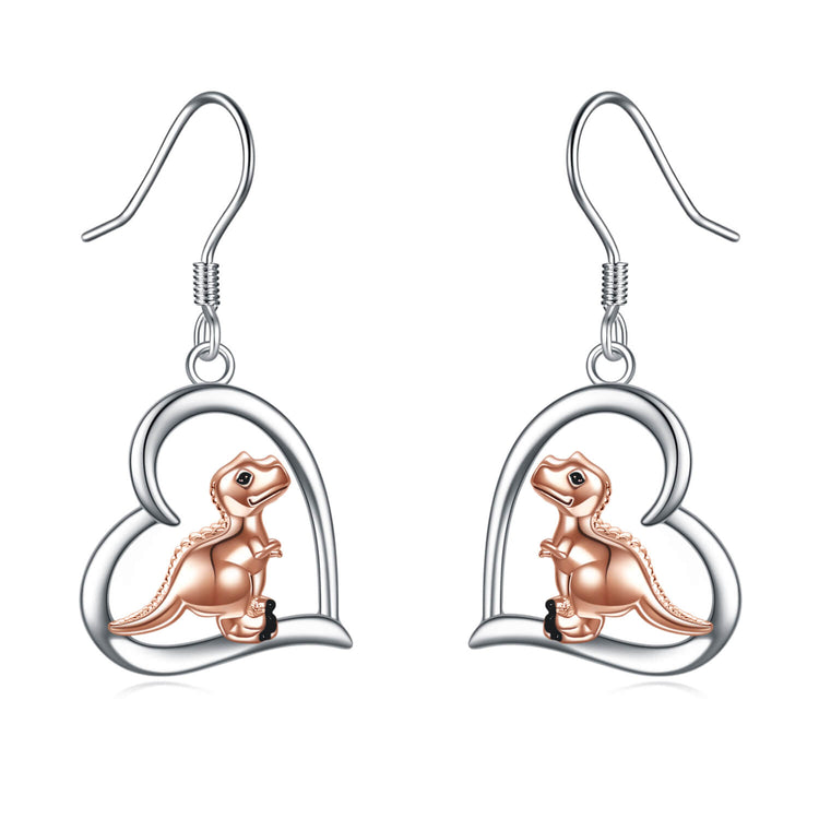 925 Sterling Silver Heart Dinosaur Dangle Drop Earrings