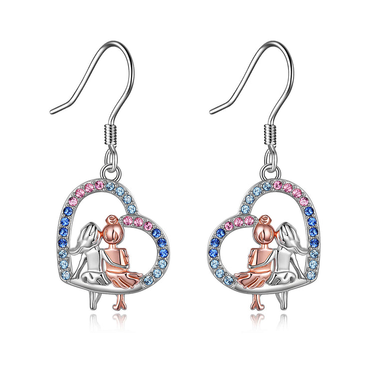 Boucles d'oreilles pendantes coeur BFF en argent sterling 925 avec cristal