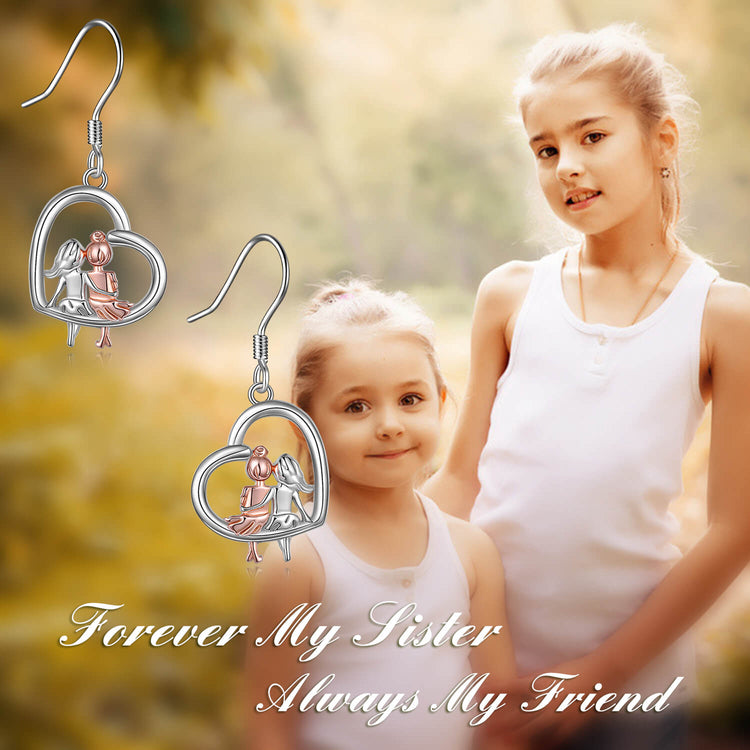 Boucles d'oreilles pendantes coeur BFF en argent sterling 925