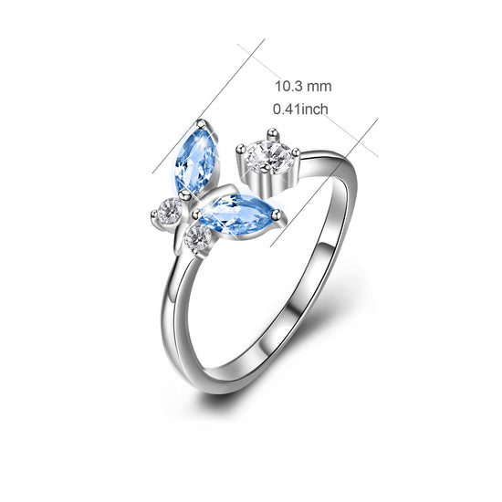 925 Sterling Silver Butterfly Blue Crystal Ring - onlyone