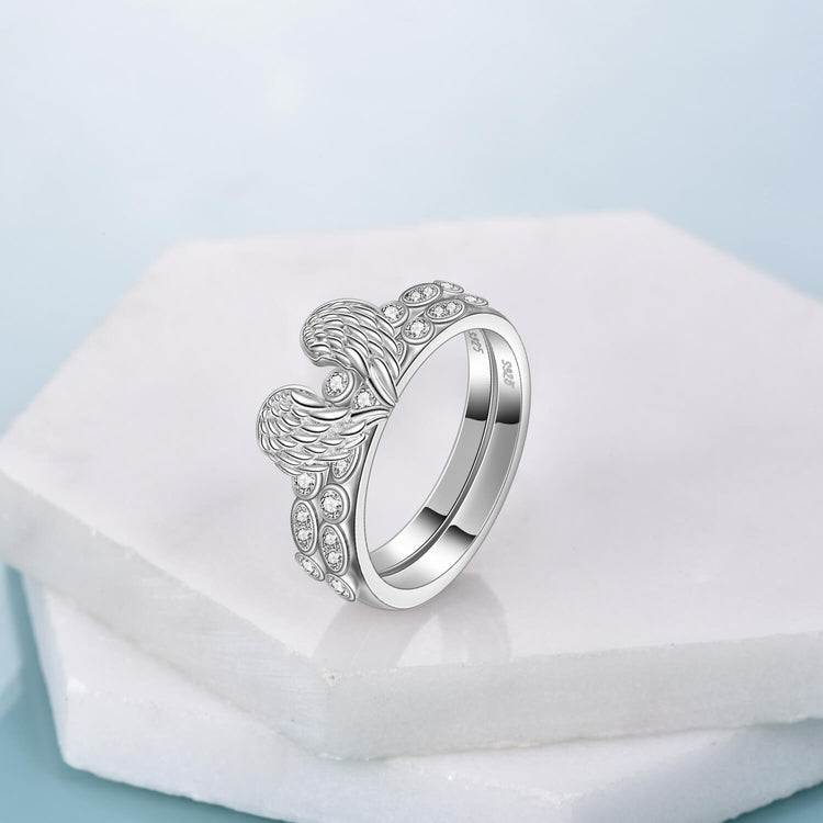 925 Sterling Silver Guardian Angel Wings Ring, Separable Ring Set