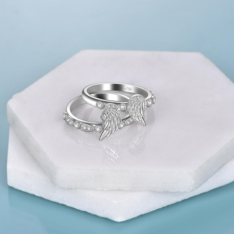 925 Sterling Silver Guardian Angel Wings Ring, Separable Ring Set