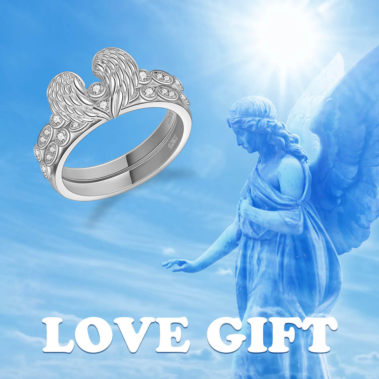 925 Sterling Silver Guardian Angel Wings Ring, Separable Ring Set