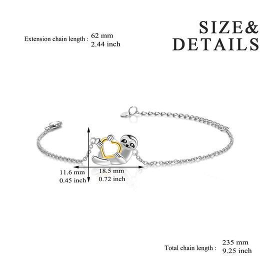 925 Sterling Silver Sloth And Heart Bracelet - onlyone