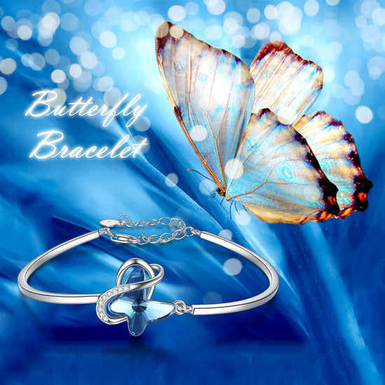 925 Sterling Silver Blue Butterfly Swarovski Crystal Bangle Bracelet Birthday Gift for Women Girls - onlyone