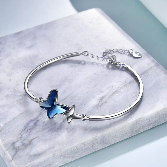 925 Sterling Silver Blue Butterfly Swarovski Crystal Bangle Bracelet Birthday Gift for Women Girls - onlyone