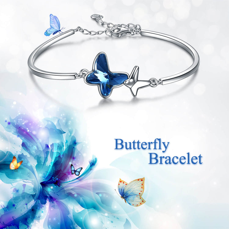 925 Sterling Silver Blue Butterfly Swarovski Crystal Bangle Bracelet Birthday Gift for Women Girls - onlyone