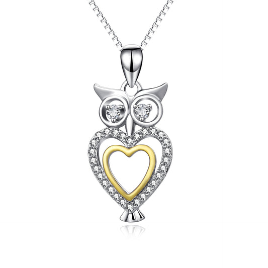 925 Sterling Silver Cute Halloween Heart Owl Necklace With White Zircon - onlyone
