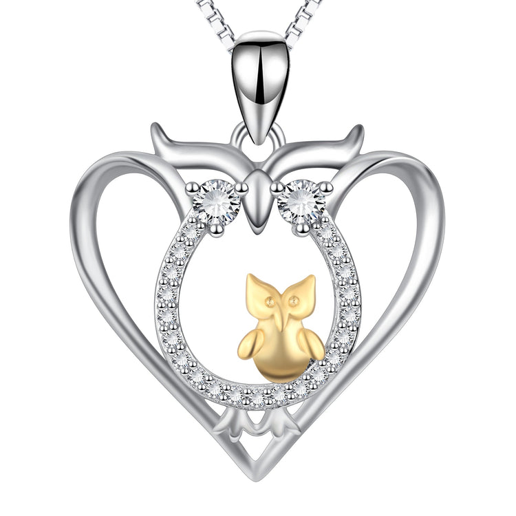 925 Sterling Silver Halloween Heart Owl Mom & Baby Necklace With White Zircon - onlyone