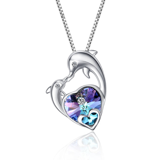 925 Sterling Silver Crystal Heart-Dolphin Necklace - onlyone