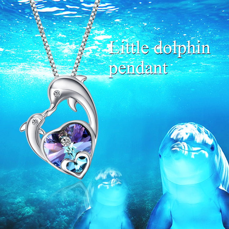 925 Sterling Silver Crystal Heart-Dolphin Necklace - onlyone